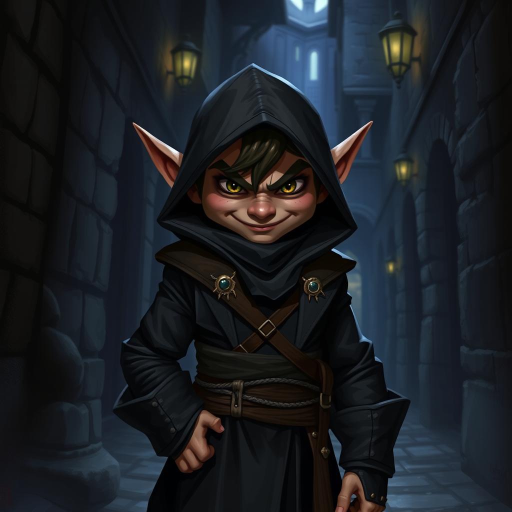 A cunning halfling rogue named Korvus the Shadow Lord stands in a shadowy alley