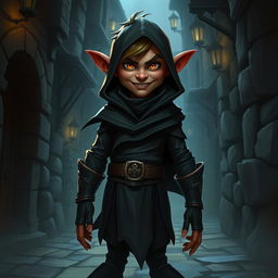 A cunning halfling rogue named Korvus the Shadow Lord stands in a shadowy alley