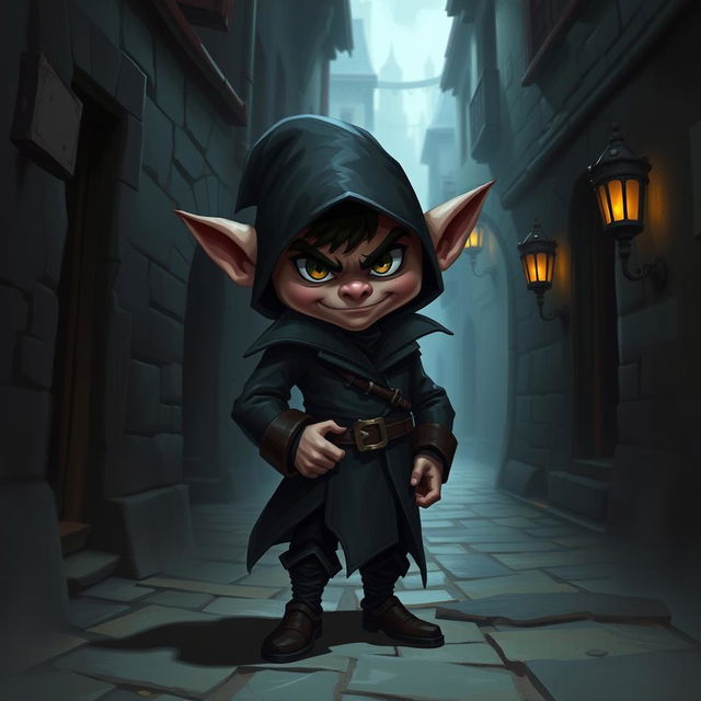 A cunning halfling rogue named Korvus the Shadow Lord stands in a shadowy alley