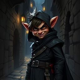 A cunning halfling rogue named Korvus the Shadow Lord stands in a shadowy alley