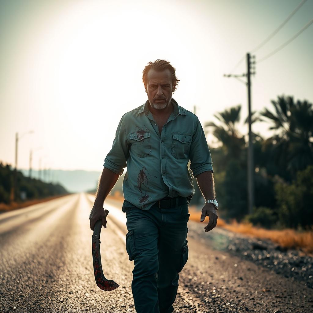 A man walking on the side of the road with a bloody machete in his hand and blood on his shirt