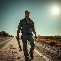 A man walking on the side of the road with a bloody machete in his hand and blood on his shirt