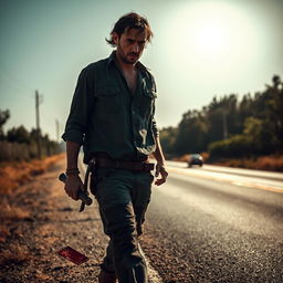 A man walking on the side of the road with a bloody machete in his hand and blood on his shirt