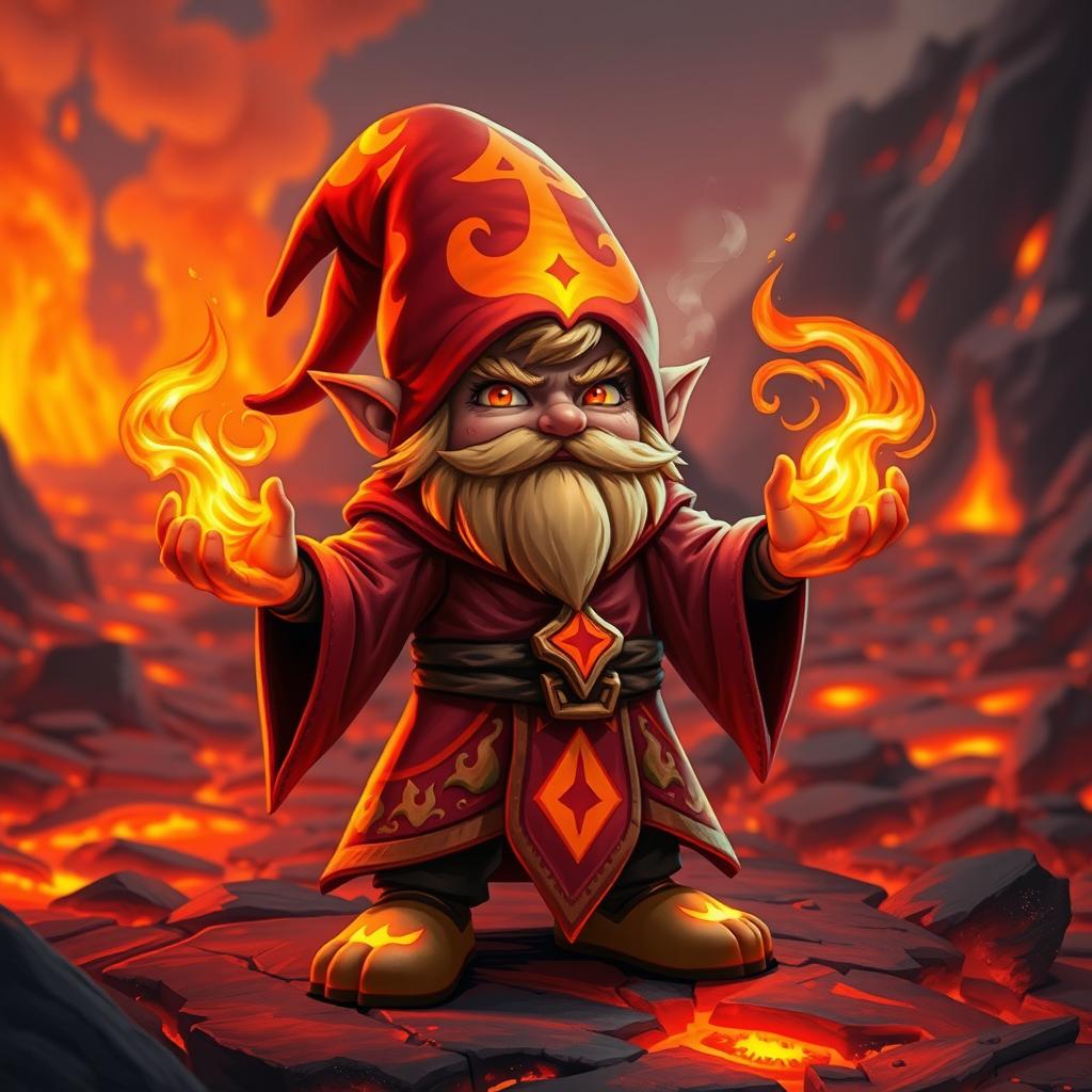 A small gnome fire mage named Xandros the Elemental stands in a fiery landscape