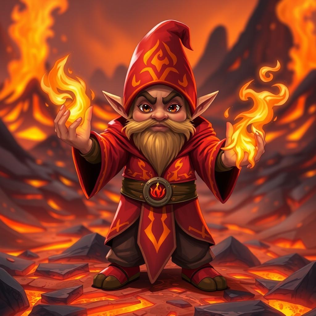 A small gnome fire mage named Xandros the Elemental stands in a fiery landscape