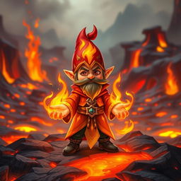 A small gnome fire mage named Xandros the Elemental stands in a fiery landscape