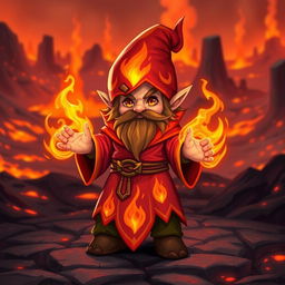 A small gnome fire mage named Xandros the Elemental stands in a fiery landscape