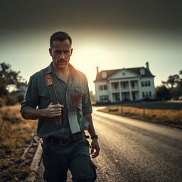 A man walking on the side of the road with a bloody machete in his hand and blood on his shirt