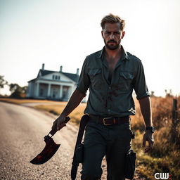 A man walking on the side of the road with a bloody machete in his hand and blood on his shirt