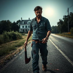 A man walking on the side of the road with a bloody machete in his hand and blood on his shirt