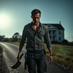 A man walking on the side of the road with a bloody machete in his hand and blood on his shirt