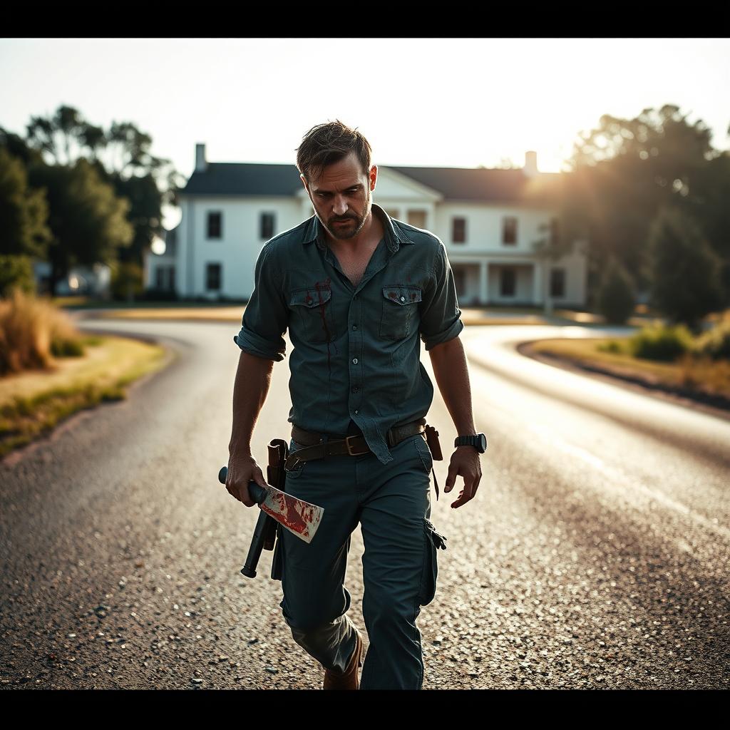 A man walking on the side of the road with a bloody machete in his hand and blood on his shirt