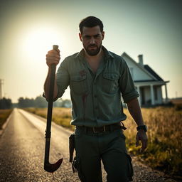 A man walking on the side of the road with a bloody machete in his hand and blood on his shirt