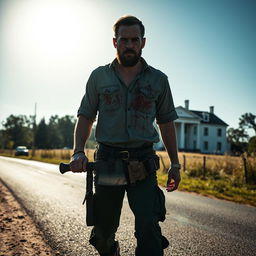 A man walking on the side of the road with a bloody machete in his hand and blood on his shirt