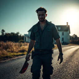 A man walking on the side of the road with a bloody machete in his hand and blood on his shirt