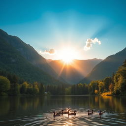 A beautiful landscape featuring a serene lake surrounded by lush green forests and majestic mountains in the background