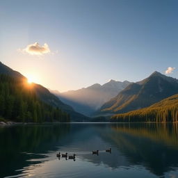 A beautiful landscape featuring a serene lake surrounded by lush green forests and majestic mountains in the background