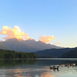 A beautiful landscape featuring a serene lake surrounded by lush green forests and majestic mountains in the background