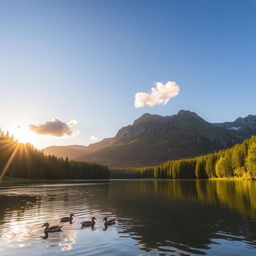 A beautiful landscape featuring a serene lake surrounded by lush green forests and majestic mountains in the background