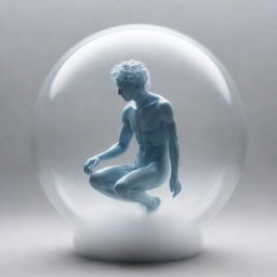 A humanoid figure trapped in a transparent spherical bubble, knots of intense thought, given form as swirling clouds, manifesting around them