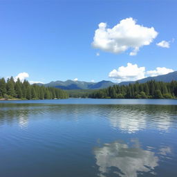 A serene landscape featuring a calm lake surrounded by lush green trees and mountains in the background under a clear blue sky with a few fluffy clouds