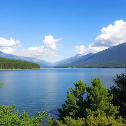 A serene landscape featuring a calm lake surrounded by lush green trees and mountains in the background under a clear blue sky with a few fluffy clouds