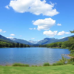 A serene landscape featuring a calm lake surrounded by lush green trees and mountains in the background under a clear blue sky with a few fluffy clouds