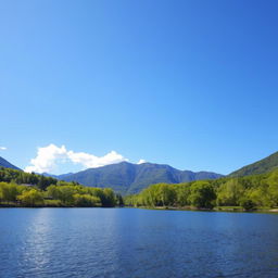 A serene landscape featuring a calm lake surrounded by lush green trees and mountains in the background under a clear blue sky with a few fluffy clouds