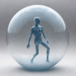 A humanoid figure trapped in a transparent spherical bubble, knots of intense thought, given form as swirling clouds, manifesting around them