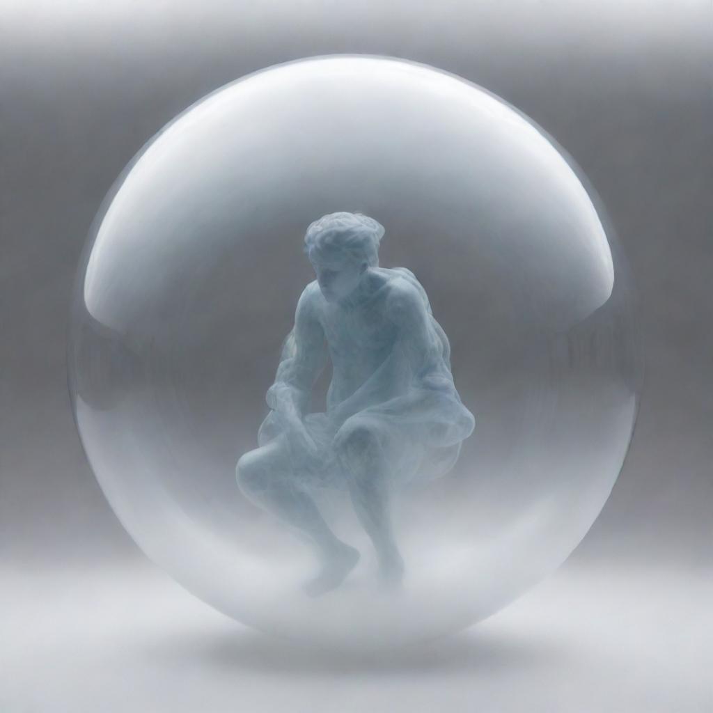 A humanoid figure trapped in a transparent spherical bubble, knots of intense thought, given form as swirling clouds, manifesting around them