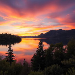 A serene landscape featuring a beautiful sunset over a calm lake, surrounded by lush green trees and mountains in the background