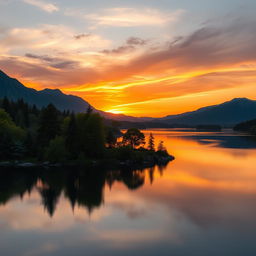 A serene landscape featuring a beautiful sunset over a calm lake, surrounded by lush green trees and mountains in the background