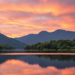 A serene landscape featuring a beautiful sunset over a calm lake, surrounded by lush green trees and mountains in the background