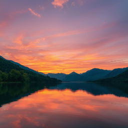 A serene landscape featuring a beautiful sunset over a calm lake, surrounded by lush green trees and mountains in the background