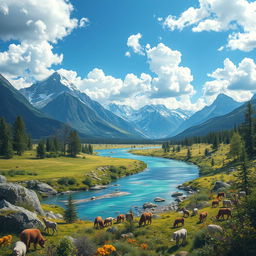 A beautiful landscape featuring mountains, a river, and a clear blue sky with fluffy white clouds