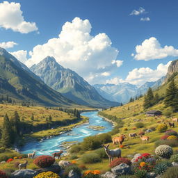 A beautiful landscape featuring mountains, a river, and a clear blue sky with fluffy white clouds