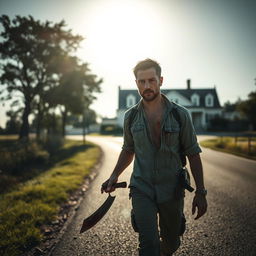 A man walking on the side of the road with a bloody machete in his hand and blood on his shirt