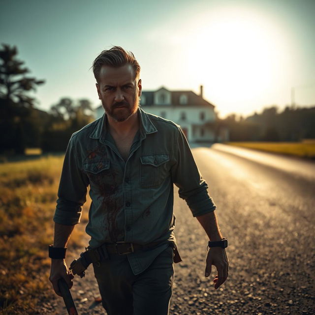 A man walking on the side of the road with a bloody machete in his hand and blood on his shirt