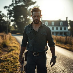 A man walking on the side of the road with a bloody machete in his hand and blood on his shirt