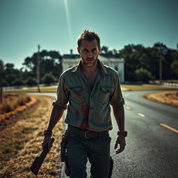 A man walking on the side of the road with a bloody machete in his hand and blood on his shirt