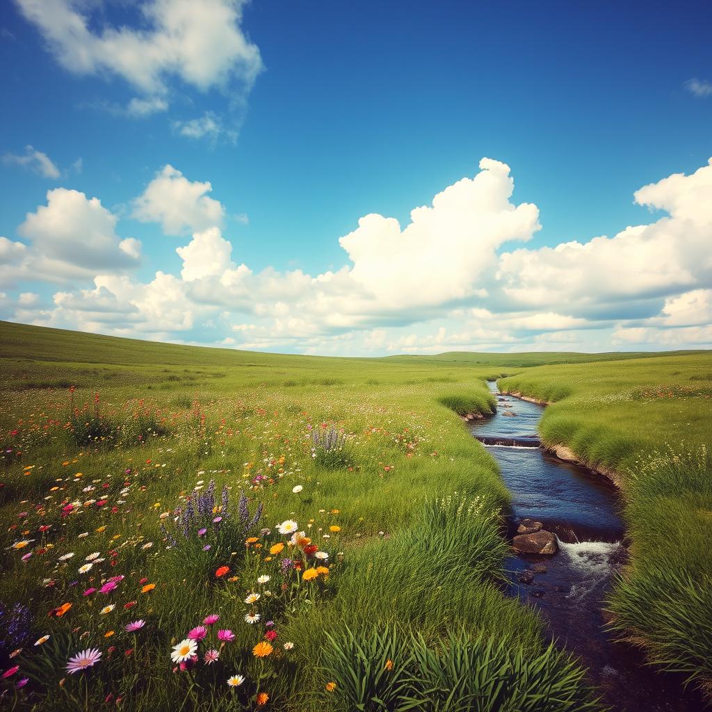 A serene landscape featuring a lush green meadow with colorful wildflowers, a gentle flowing stream, and a clear blue sky with fluffy white clouds