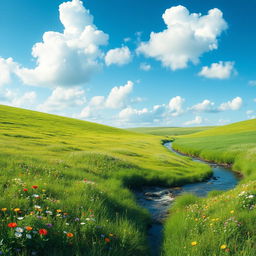 A serene landscape featuring a lush green meadow with colorful wildflowers, a gentle flowing stream, and a clear blue sky with fluffy white clouds