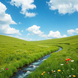 A serene landscape featuring a lush green meadow with colorful wildflowers, a gentle flowing stream, and a clear blue sky with fluffy white clouds