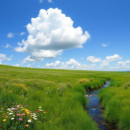 A serene landscape featuring a lush green meadow with colorful wildflowers, a gentle flowing stream, and a clear blue sky with fluffy white clouds