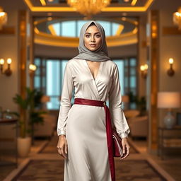 A stunning and elegant Qatari woman, dressed in fashionable and culturally appropriate attire