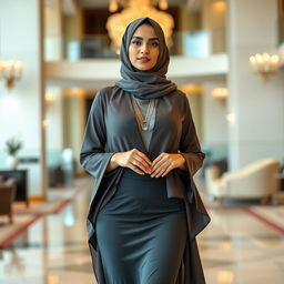 A stunning and elegant Qatari woman, dressed in fashionable and culturally appropriate attire