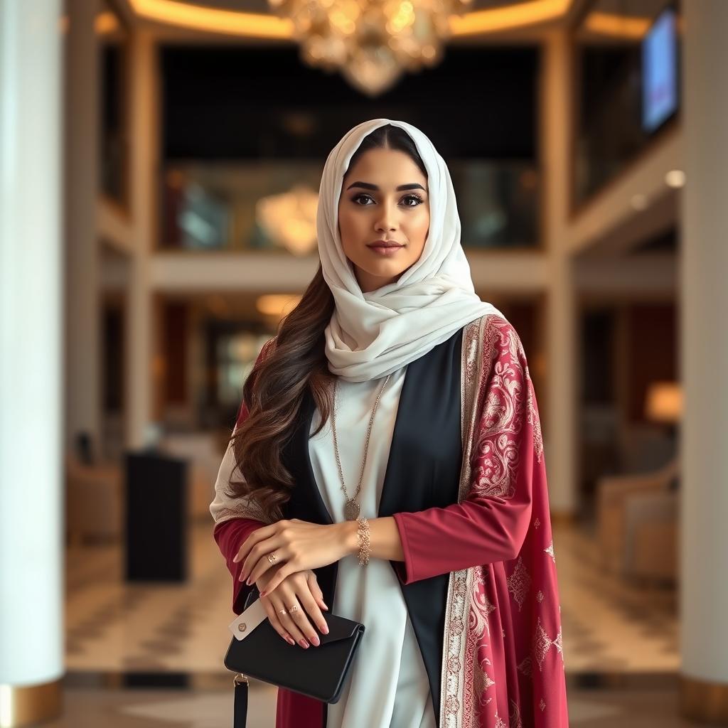 A stunning and elegant Qatari woman, dressed in fashionable and culturally appropriate attire