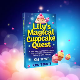 A vibrant and colourful ebook cover for a book titled 'Lily's Magical Cupcake Quest: A Sweet Adventure to Find Your Dreams' by Krs Tehuti