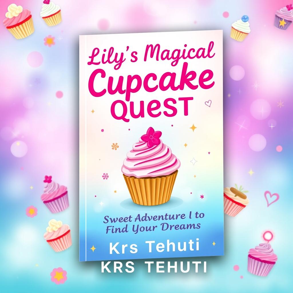 A vibrant and colourful ebook cover for a book titled 'Lily's Magical Cupcake Quest: A Sweet Adventure to Find Your Dreams' by Krs Tehuti