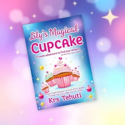 A vibrant and colourful ebook cover for a book titled 'Lily's Magical Cupcake Quest: A Sweet Adventure to Find Your Dreams' by Krs Tehuti